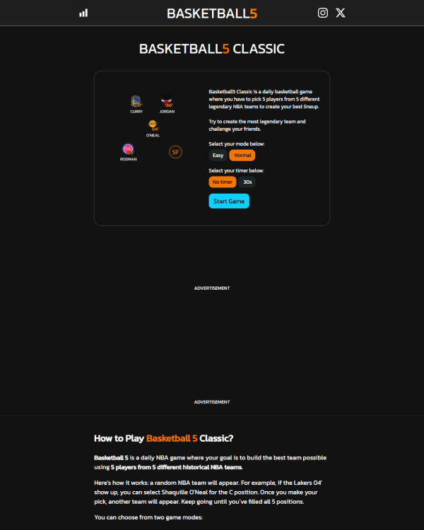 Screenshot of Basketball5 Classic, a daily sports game