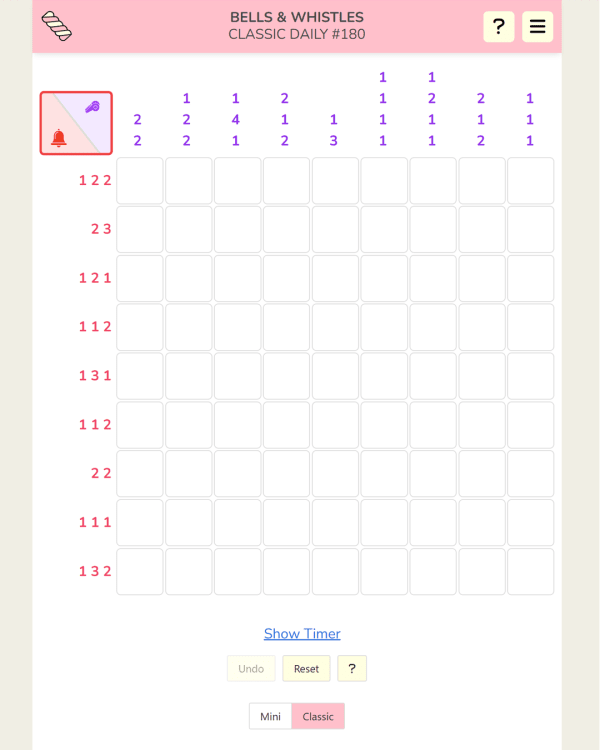 Screenshot of Bells & Whistles, a daily logic game