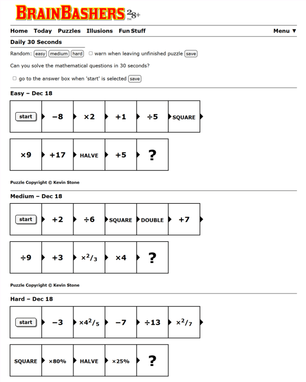 Screenshot of BrainBashers Daily 30 Seconds, a daily math game