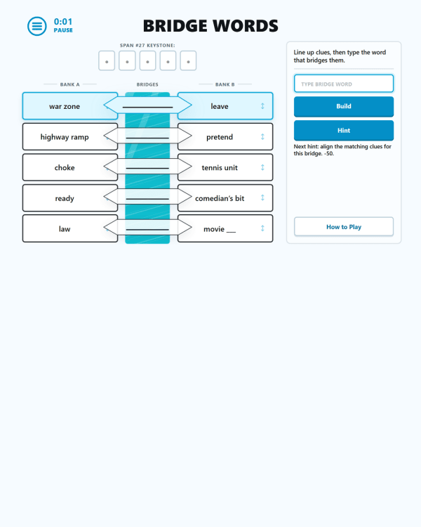 Screenshot of Bridge Words, a daily word game