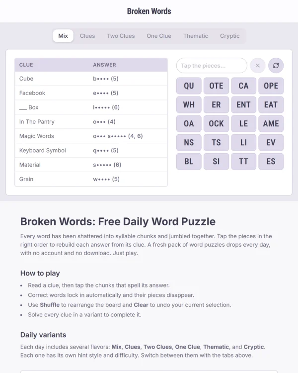 Screenshot of Broken Words, a daily word game