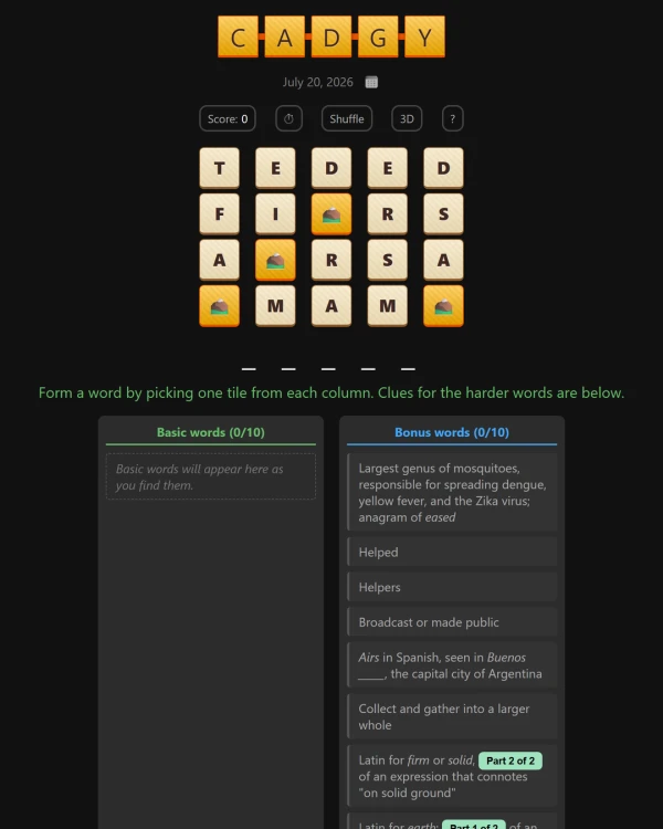 Screenshot of Cadgy, a daily word game