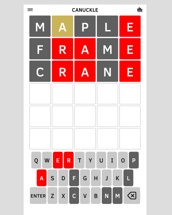 Screenshot of Canuckle, a daily word game