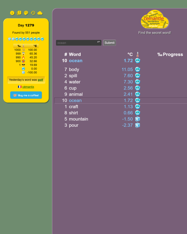 Screenshot of Cemantle, a daily word game