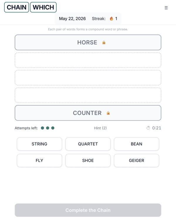 Screenshot of ChainWhich, a daily word game