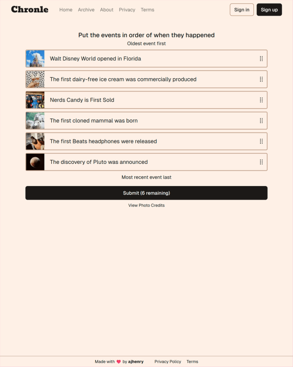 Screenshot of Chronle, a daily logic game