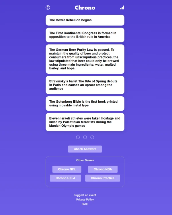 Screenshot of Chrono, a daily trivia game