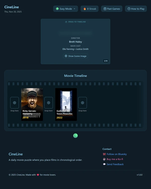 Screenshot of CineLine, a daily trivia game