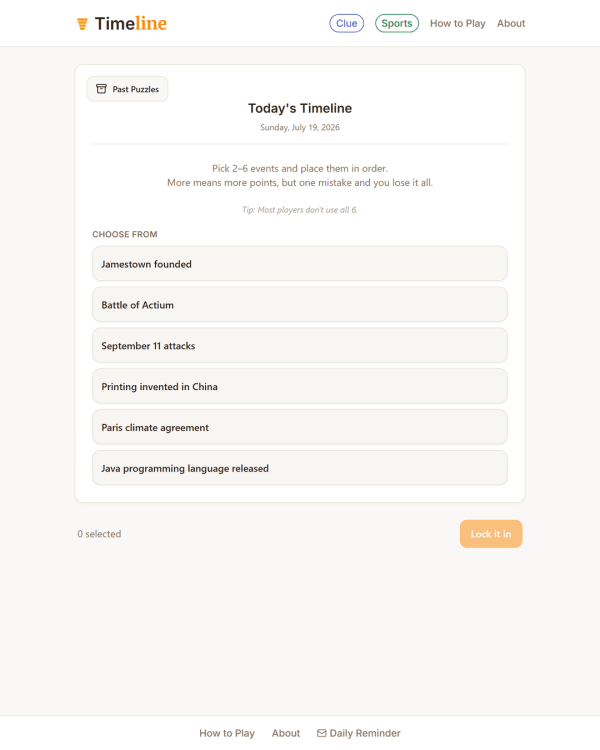Screenshot of Clue Funnel Timeline, a daily trivia game