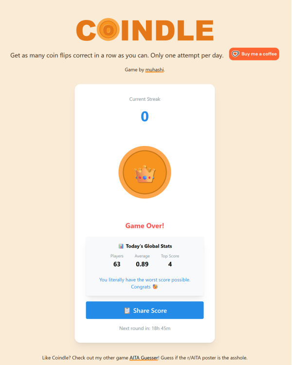 Screenshot of Coindle, a daily quirky web game