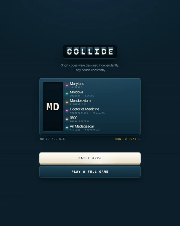 Screenshot of COLLIDE, a daily trivia game