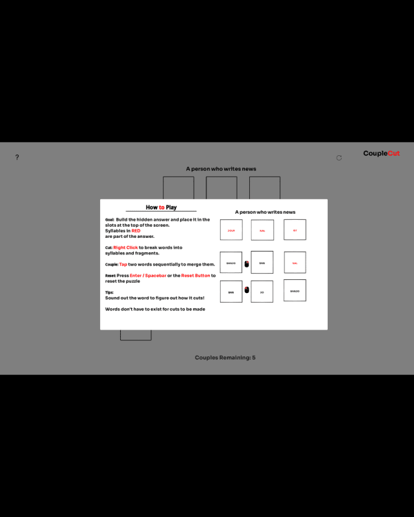 Screenshot of CoupleCut, a daily word game