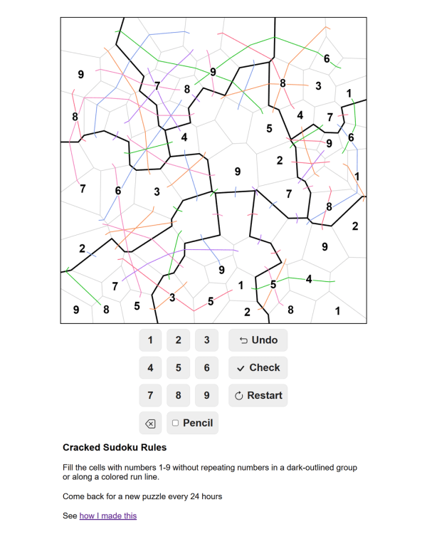 Screenshot of Cracked Sudoku, a daily logic game