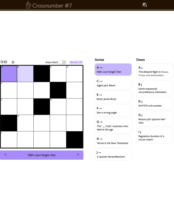 Screenshot of Crossnumber, a word game