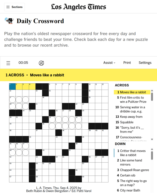 Screenshot of Daily Crossword (L.A. Times), a daily word game