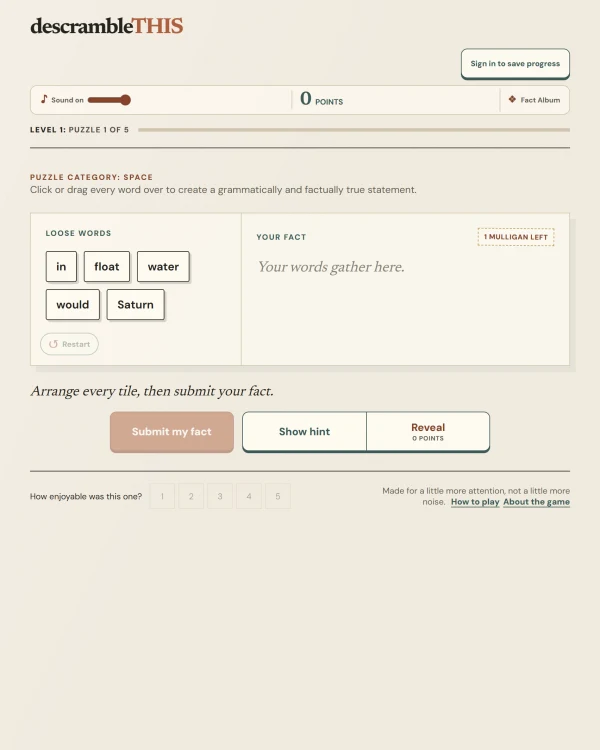 Screenshot of descrambleTHIS, a daily word game