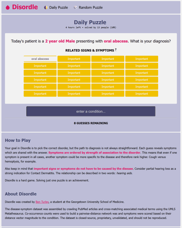 Screenshot of Disordle, a daily trivia game
