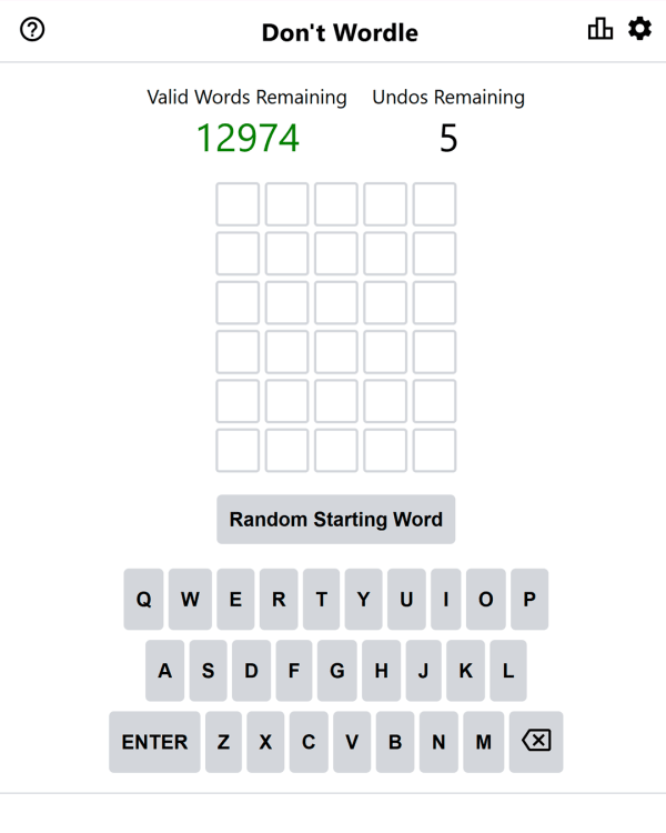 Screenshot of Don't Wordle, a daily word game