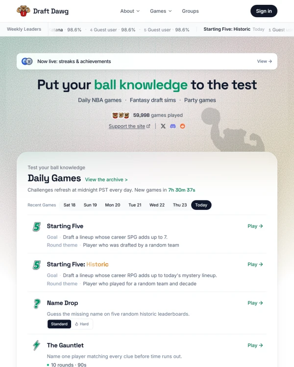 Screenshot of Draft Dawg, a daily sports game