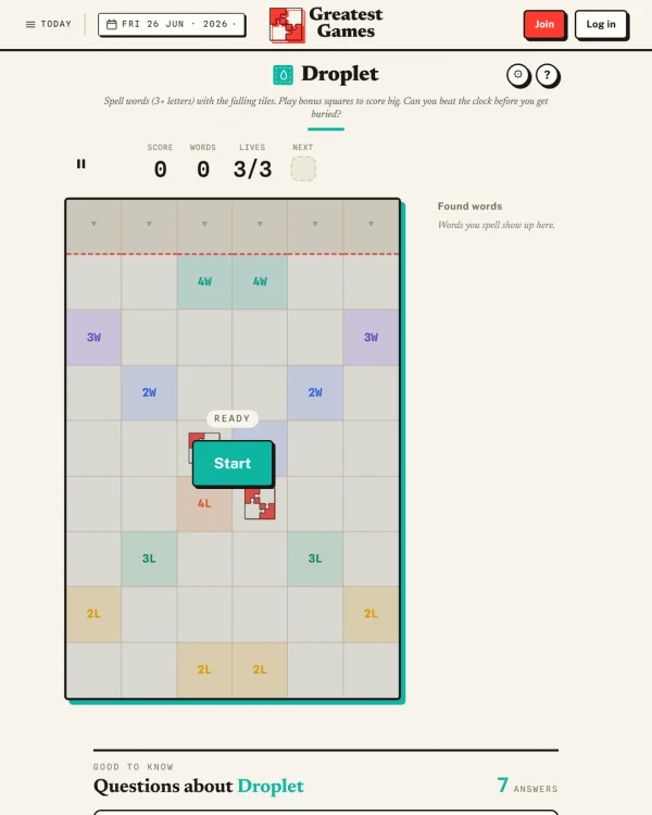 Screenshot of Droplet, a daily word game