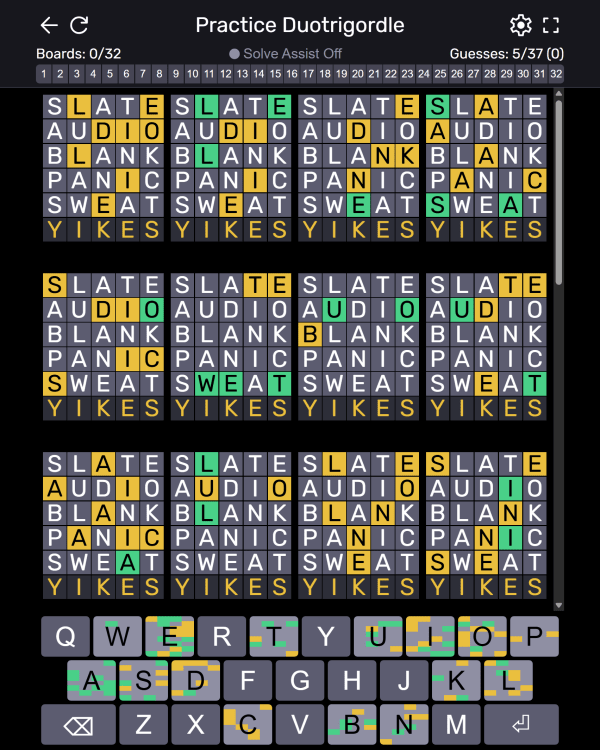 Screenshot of Duotrigordle, a daily word game