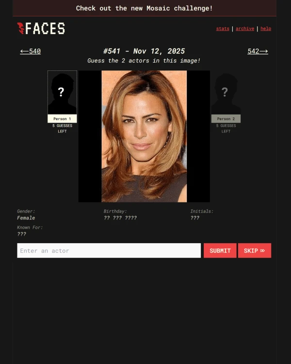 Screenshot of Faces, a daily pop culture game