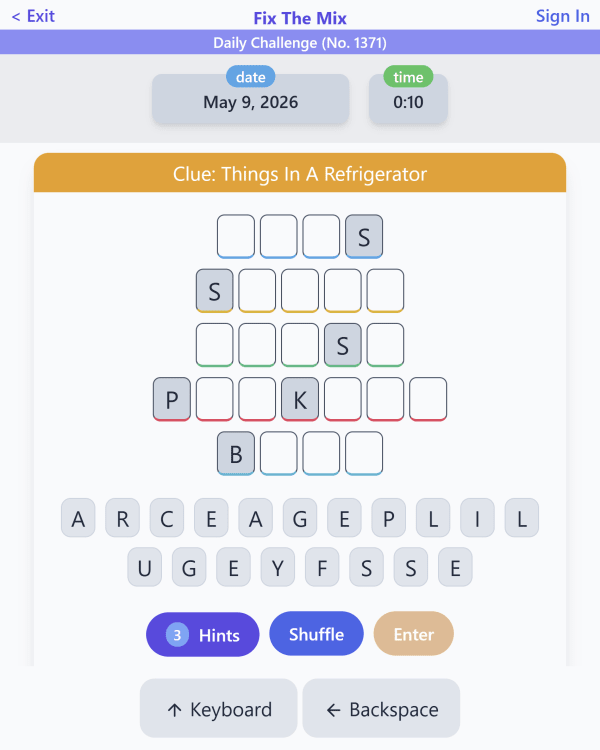 Screenshot of Fix the Mix, a daily word game