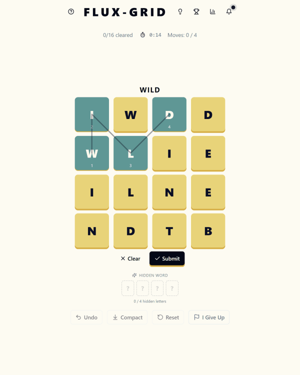 Screenshot of Flux Grid, a daily word game