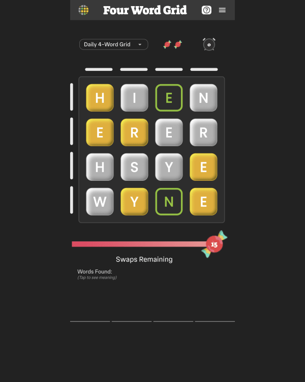 Screenshot of Four Word Grid, a daily word game