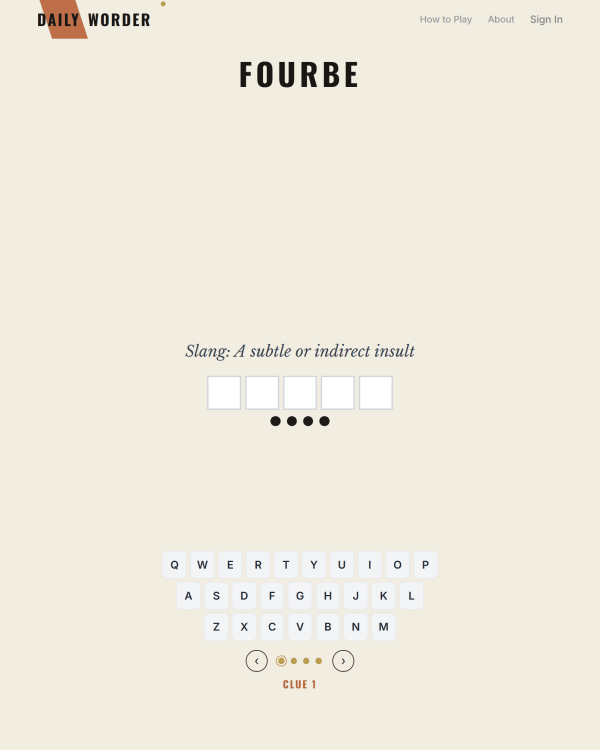 Screenshot of Fourbe, a daily word game