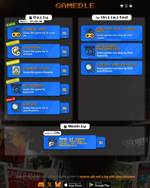 Screenshot of Gamedle, a daily fandom game