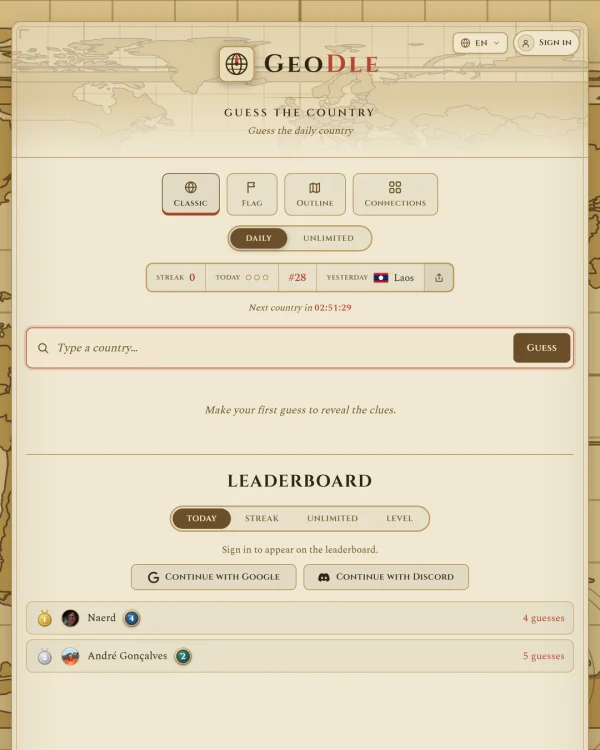 Screenshot of GeoDle, a daily geography game
