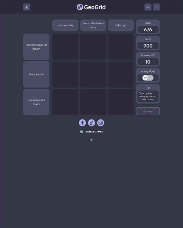 Screenshot of GeoGrid, a daily geography game