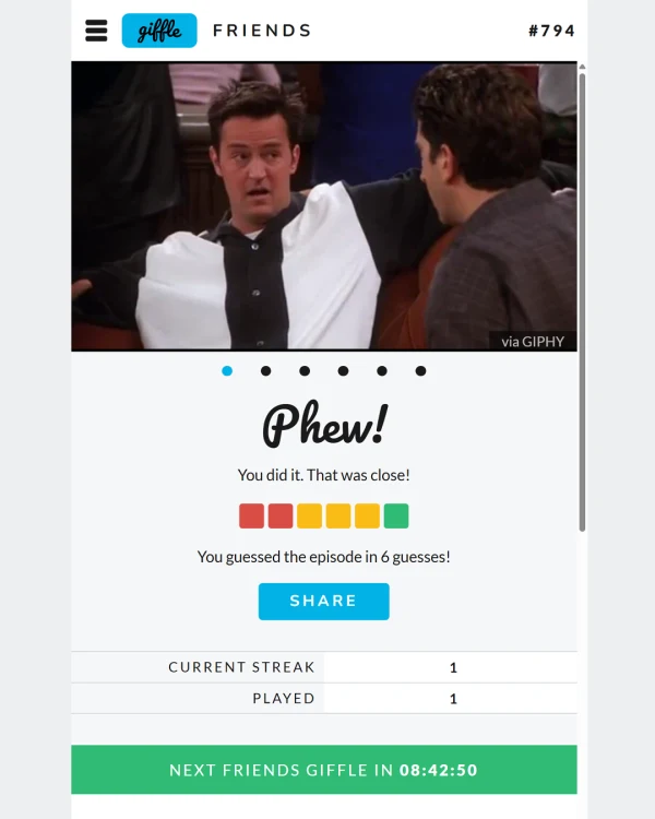 Screenshot of Giffle "Friends", a daily pop culture game