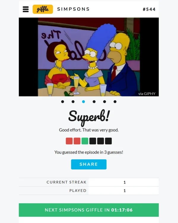 Screenshot of Giffle "Simpsons", a daily pop culture game