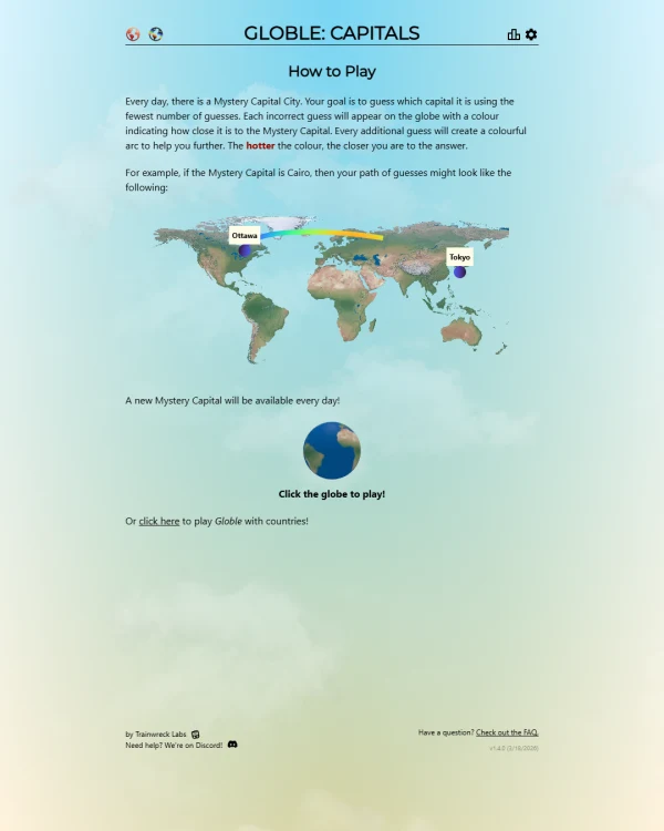 Screenshot of Globle Capitals, a daily geography game