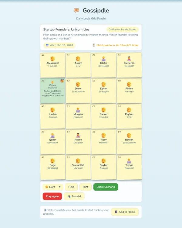 Screenshot of Gossipdle, a daily logic game
