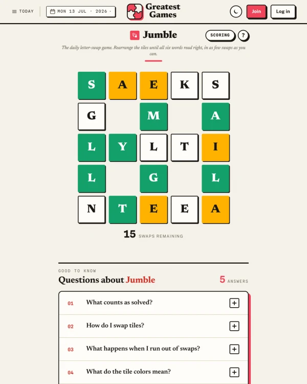 Screenshot of Greatest Games Jumble, a daily word game