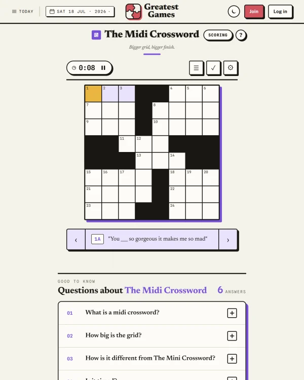 Screenshot of Greatest Games Midi Crossword, a daily crossword