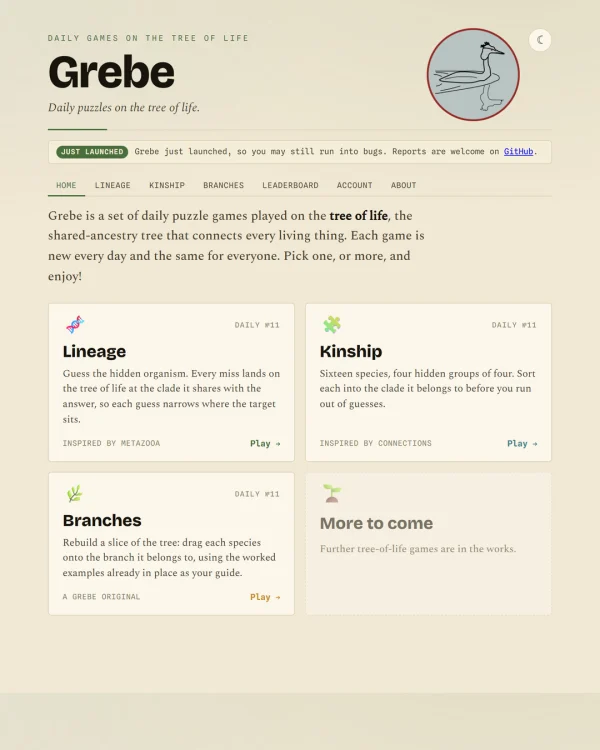 Screenshot of Grebe, a daily animal game