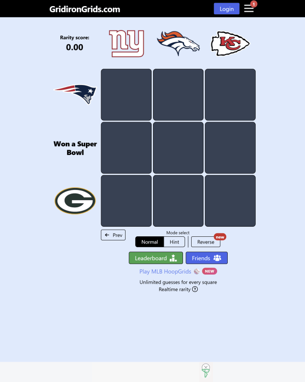 Screenshot of Gridiron Grids, a daily sports game