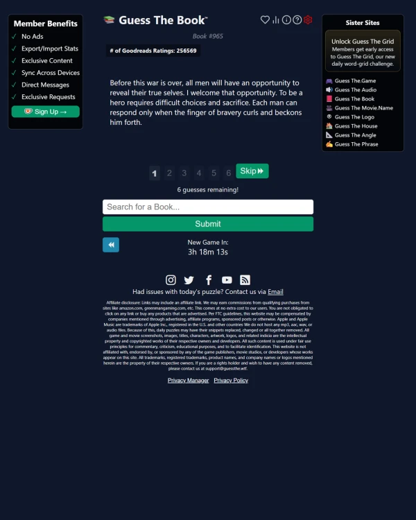 Screenshot of Guess The Book, a daily trivia game