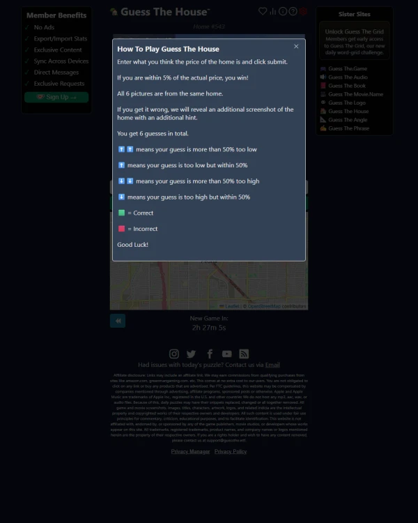 Screenshot of Guess The House, a daily trivia game