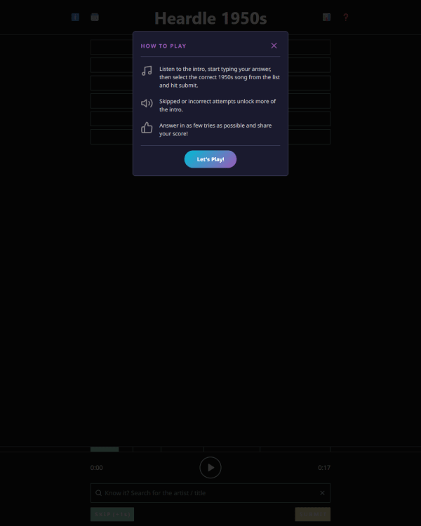 Screenshot of Heardle 1950's, a daily music game