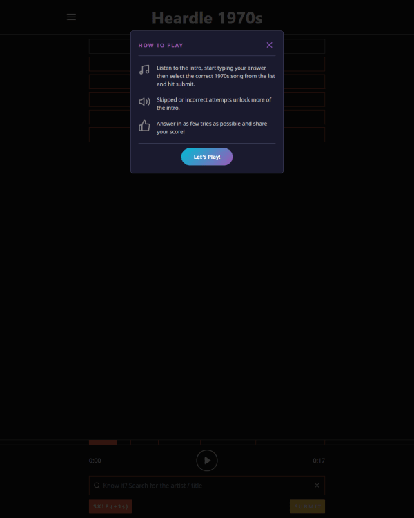 Screenshot of Heardle 1970's, a daily music game