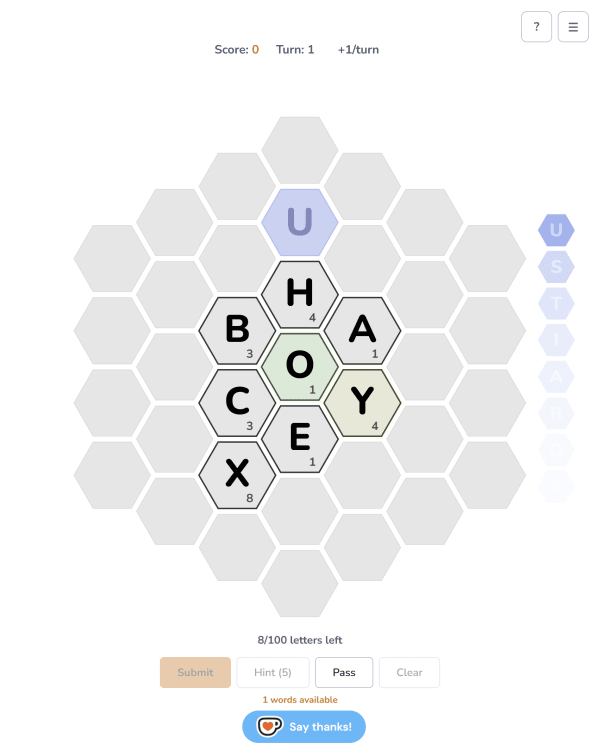 Screenshot of Hexaboo, a daily word game