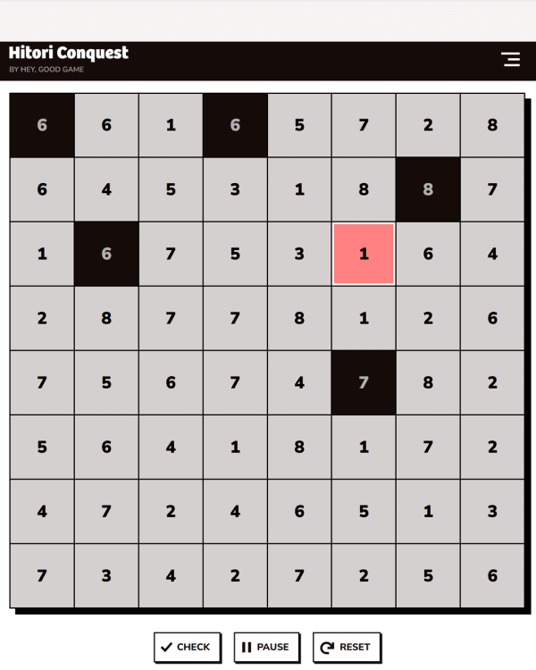 Screenshot of Hitori Conquest, a daily logic game