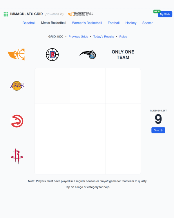 Screenshot of Immaculate Grid: Men's Basketball, a daily sports game