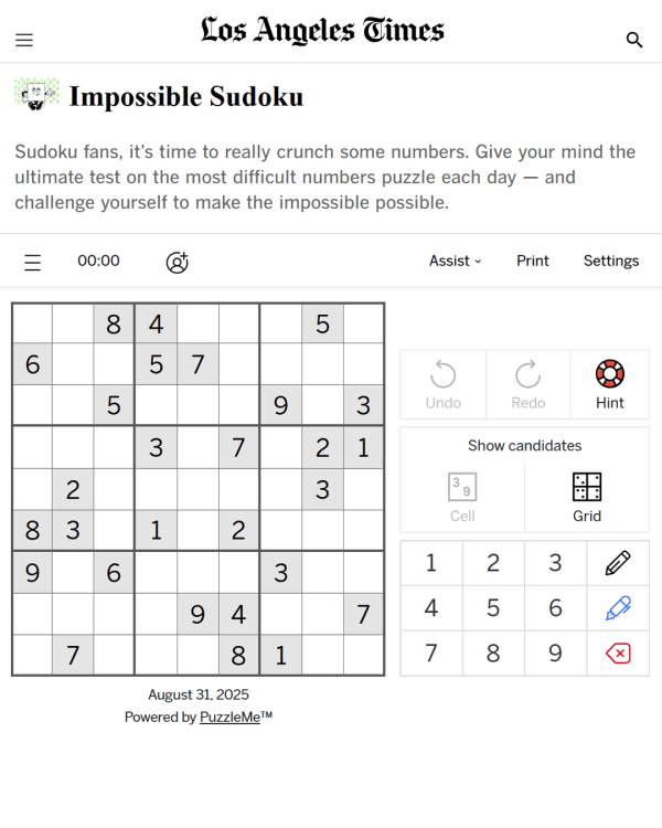 Screenshot of Impossible Sudoku (L.A. Times), a daily visual game