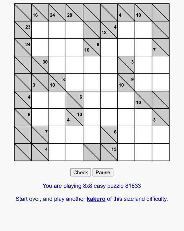 Screenshot of Kakuro Conquest, a daily logic game